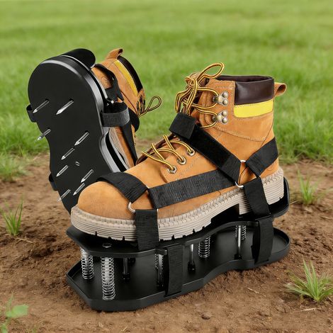 4 Paires Chaussures Aérateur de Pelouse avec Pointes à Ressort Amortissantes, Sangles Antidérapantes, Sandales Jardin Aération Sol Gazon (1/5)