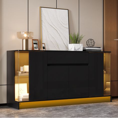 Buffet vitrine 150x40x75 cm en panneaux de bois noir avec rangement FloraGrace (1/5)