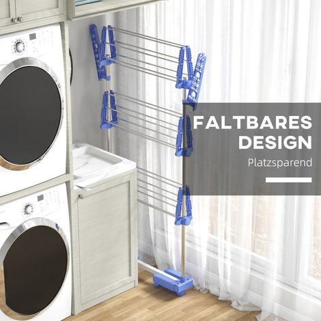 Sèche-linge tour roulant 3 niveaux pliable ailes latérales acier bleu (1/5)