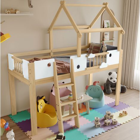 Lit enfant mezzanine 90 x 200 cm en bois blanc et naturel avec toit, échelle 3 marches et sécurité (1/5)