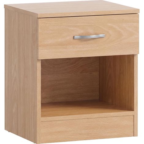 Table de Chevet 1 tiroir en pin avec poignées et glissières en métal, Beige, Product Size: H 47 x W 40 x D 36 Cm Approx (1/5)