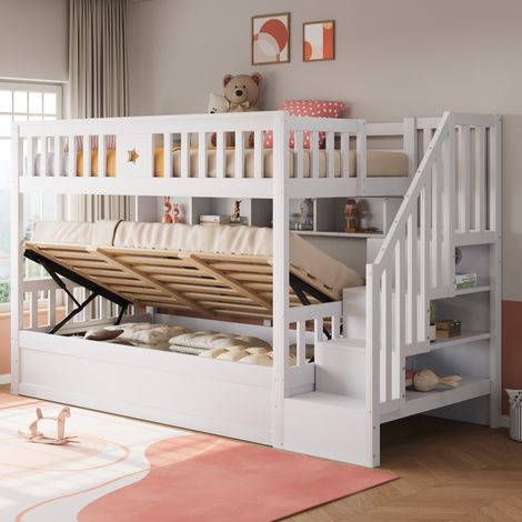 Lit mezzanine 90x200 cm avec rangement, escalier, étagères, bois blanc, chambre enfant (1/5)