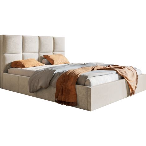 Lit Tapissé adulte 160x200 Fado - Tiroir de Lit, Tissu Velours - Livraison Rapide (Beige - Jasmine 21)