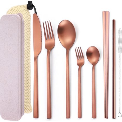 Couteau Fourchette Cuillère Baguettes Paille Ensemble De Couverts Reutilisables En Acier Inoxydable 8 Pièces Avec Etui De Transport (1/5)