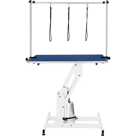 Tavolo Toelettatura Professionale Idraulico - Altezza Regolabile 55-101 cm, Capacità 180 kg, Piano in Gomma Blu Antiscivolo, Struttura in Acciaio Bianco, 4 Piedini Livellanti, 3 Guinzagli di Sicurezza