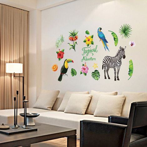 Décor mural adhésif forêt tropicale pour chambre, salon, fond de commerce, autocollant mural étanche, feuilles jungle, papier peint autocollant SK7169 (1/5)