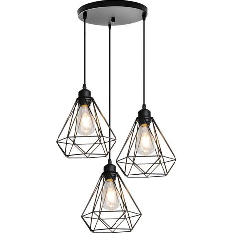 Lampe Suspendue Vintage Plafonnier Rétro En Forme De Cage En Métal 3 Lumières Suspension Luminaire Modernes Douille E27 Noire Pour Cuisine, Balcon (1/5)