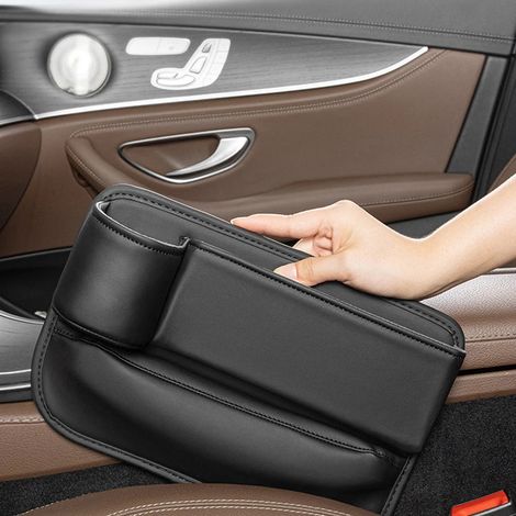 (Gauche) Boîte de rangement pour siège auto en cuir PU, organisateur de voiture, accessoire de rangement pour console centrale et siège latéral (1/4)