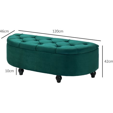 Banc coffre avec couvercle relevable, banquette capitonnée en bois d'hévéa, revêtement effet velours, teinte vert sapin, dimensions 120x46x42 cm, idéal pour séjour et couloir. (1/5)