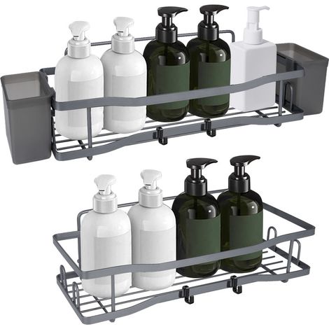 Lot de 2 paniers de douche adhésifs – Étagères de salle de bain en acier inoxydable noir antirouille avec crochets amovibles et porte-dentifrice, organiseur de salle de bain mural sans perçage