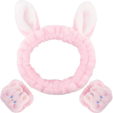 Make-up-Stirnband für Damen mit Hasenmotiv, 3-teiliges Set aus Stirnband und Schwamm-Armband zum Abschminken und für die Hautpflege (1/5)