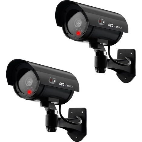 2 pièces Caméra virtuelle CCTV Fausse caméra de sécurité, Flash LED intérieur et extérieur, Noir (1/5)
