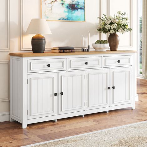 Buffet moderne 160 x 35 x 76 cm - 3 tiroirs et 4 portes - Étagères réglables - MDF - Blanc