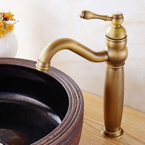 Vintage Bathroom Faucet, 360° Swivel Spout in Antique Brass, Hot & Hot Mixer Tap for Vintage Vanity (Top) (1/5)