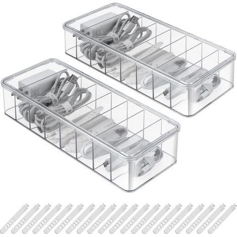 2 Pièces Boîte de Rangement pour Câbles 8 Compartiments Boîte de Câbles Transparent avec 20 Attaches de câbleBoîTe de Rangement Multi-Grilles avec Couvercle pour Maison, Bureau (1/5)