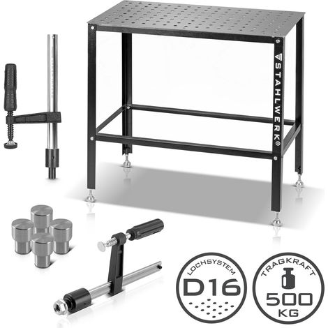 STAHLWERK Kit de table de soudure - Table de soudure et de montage robuste avec système de perforation D16 et plateau de travail de 3 mm en kit de bricolage en kit avec pinces de vissage et de serrage