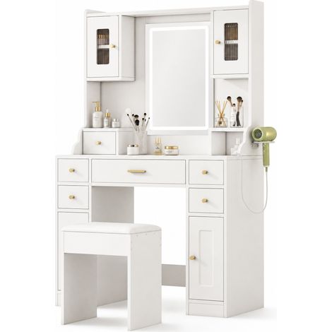 ELVMI Toilette con 6 Cassetti e 4 Ante, Specchio LED 3 Modalità, Presa USB Type-C, Camera da Letto, Bianco, 105×40×152 cm (1/5)