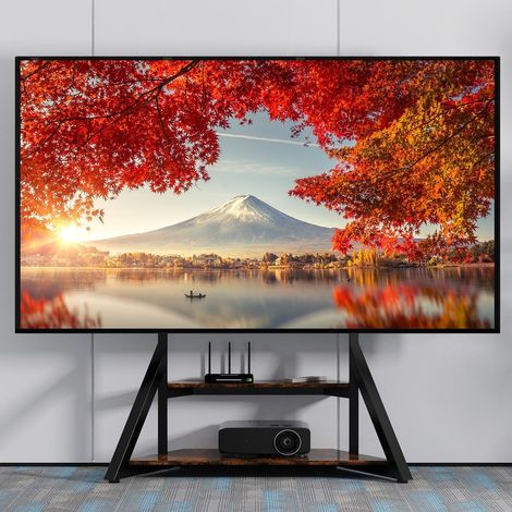 Unho – Support TV sur pied 65-100 pouces – Charge 100kg – Hauteur réglable 138-168cm – Norme VESA 800x600mm – 2 étagères en MDF