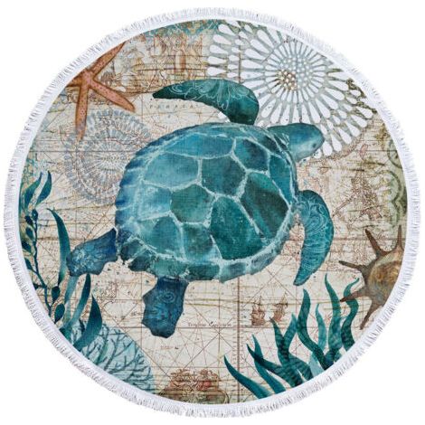 Serviette de Plage Ronde en Microfibre pour Couverture de Plage, Serviette de Bain, Tapis de Yoga, Couverture de Camping, Couverture de Pique-Nique,150 cm (Bleu-Tortue)