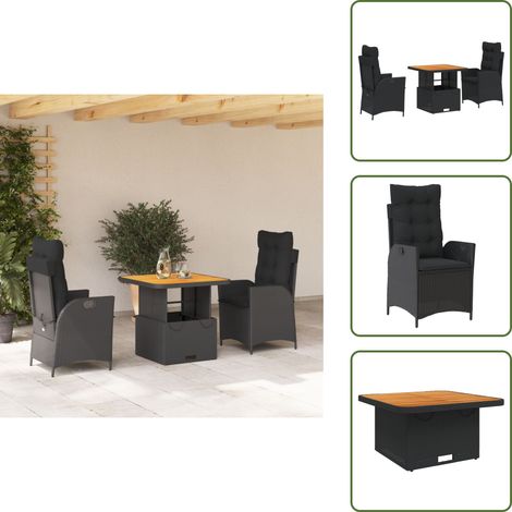 The Living Store Set da Pranzo da Giardino 3 pz con Cuscini Nero in Polyrattan - Sedie da giardino reclinabili
