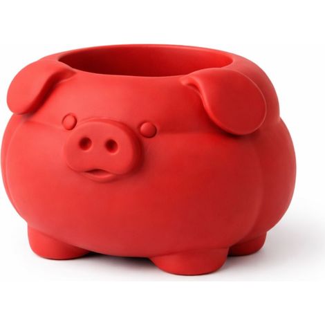 Un recipiente con forma de cerdo rojo y regordete.