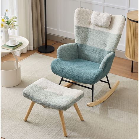 Sedia a dondolo in bouclé multicolore con poggiapiedi, struttura legno e metallo, 83 x 65,5 x 95 cm (1/5)