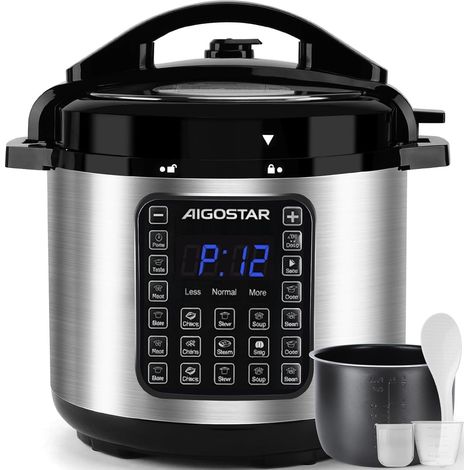 Aigostar Pentola Pressione Elettrica 1000W 6L 17 Menù Timer 24h Acciaio Inox Nero