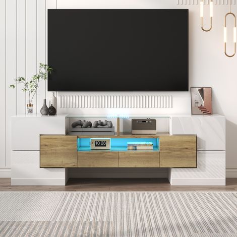 Mueble TV Elegante, Lowboard, Blanco Lacado, 145 Cm, LED, Cristal, 4 Puertas, 2 Cajones, 3 Baldas (1/5)