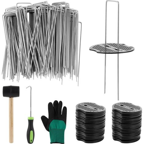 Lot de 100 piquets d'ancrage, galvanisé anti-rouille, 150 mm, avec rondelles et outils, pour toile anti-mauvaises herbes et jardinage