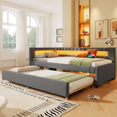 Lit banquette gigogne 90x200, canapé lit convertible gain de place avec LED et ports USB Type-C, pour chambre d'ado ou salon, Gris (1/5)