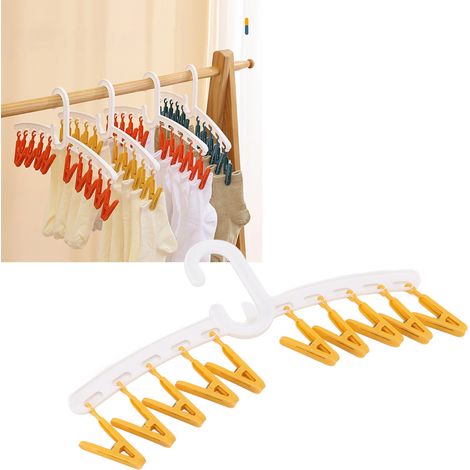 Étendoir à linge à 10 pinces, barre droite, pinces à chaussettes multi-têtes, étendoir de voyage portable, blanc et jaune (1/5)