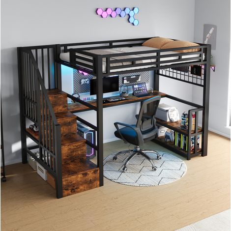 lit enfant mezzanine rangement bureau 90x200 noir OKMYHOME