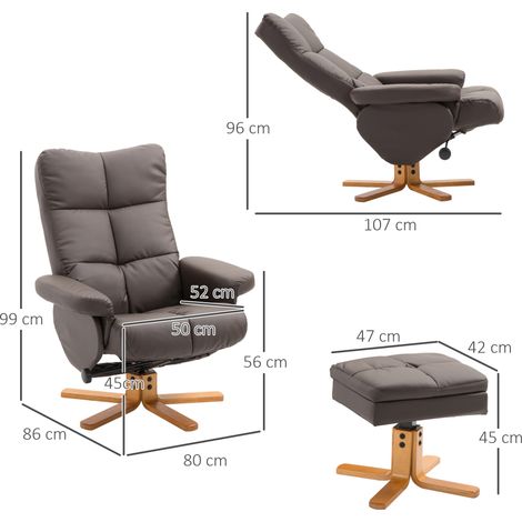 Fauteuil relax avec pouf et rangement, chaise TV inclinable, pivotant à 360°, structure en bois et PU, marron 80x86x99cm, confort et détente au quotidien (1/5)