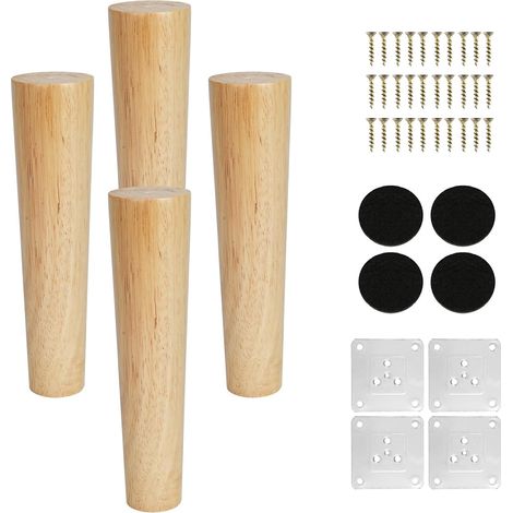 Pieds de Meuble en Bois Massif Chêne 20cm Lot de 4 Pieds Coniques pour Table, Armoire, Canapé avec Plaque de Fixation (1/5)