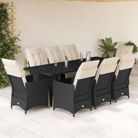 Set de mesa y sillas de jardín 9 pzas y cojines ratán PE negro vidaXL (1/5)