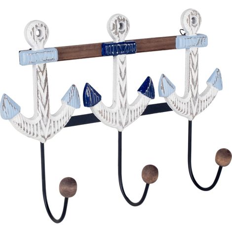 Attaccapanni da parete Anchor con 3 ganci decorativi per la casa - Design nautico, colore bianco (1/4)