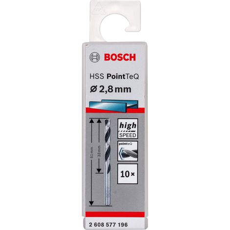 Bosch Accessories 2608577196 HSS PointTeQ (2,8 x 33 x 61 mm) - Set da 10 Pezzi di Punte Elicoidali per Trapano per Metallo, Acciaio, Fusione o Plastica, Grigio (Argento), Ø 2.8 mm