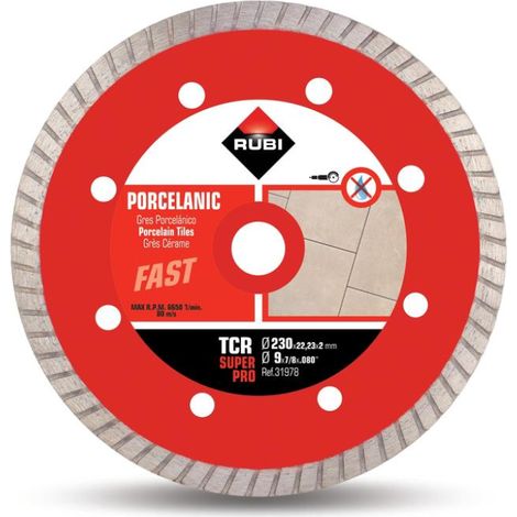 Rubi – Disque diamant turbo TCR 230 mm – Coupe fine grès cérame – Alésage 22/23 mm – Épaisseur 1,6 mm – Max 6650 RPM