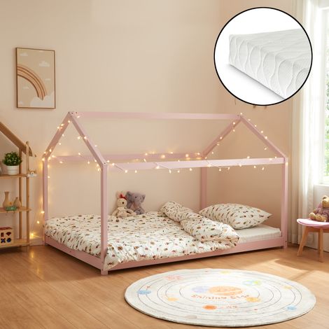 Cama para niños Cerro en forma de casa con colchón pino 120x200cm - Rosa [en.casa]
