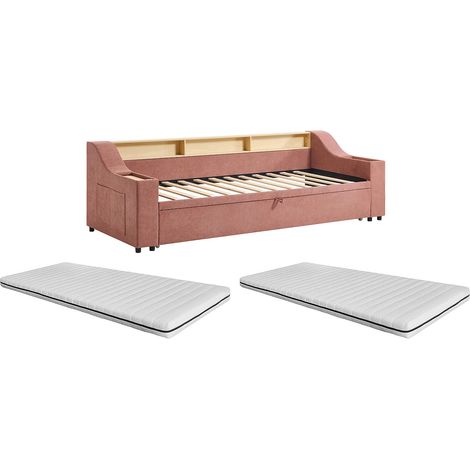 Letto estraibile 2 x 80 x 200 cm con vani portaoggetti e porta USB - Tessuto - Rosa + Materasso - ORAVAYA (1/5)