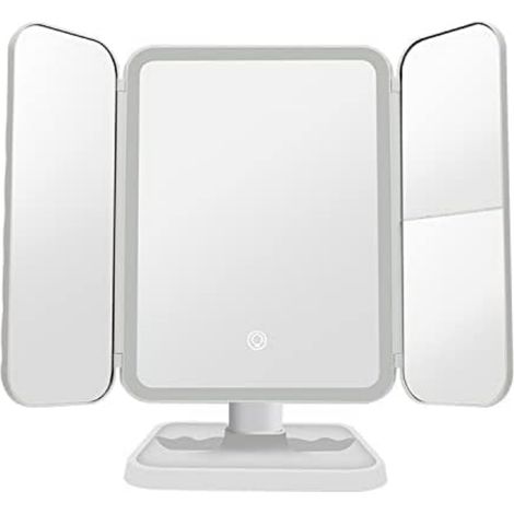 Intelligenter Kosmetikspiegel mit LED-Beleuchtung und Lupe, dreifach faltbarer Spiegel für unterwegs
