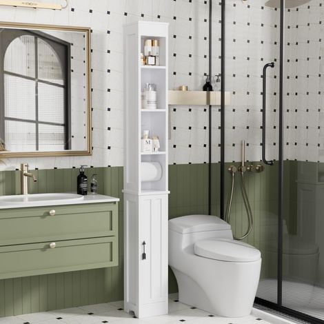 Meuble de Salle de Bain, Meuble de Rangement Haut avec Étagères Réglables et Compartiments Ouverts, avec Porte-Papier Toilette Intégré, 20 x 20 x 180 cm, Blanc (1/5)