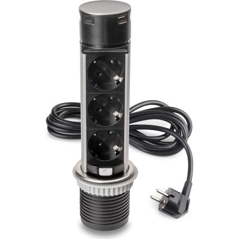 Emuca Abnehmbarer Multistecker Vertikal Push 60, Durchmesser 60mm, 3 x Schukostecker, 1 x USB Typ A, 1 x USB Typ C, Stahl und Kunststoff, Edelstahl
