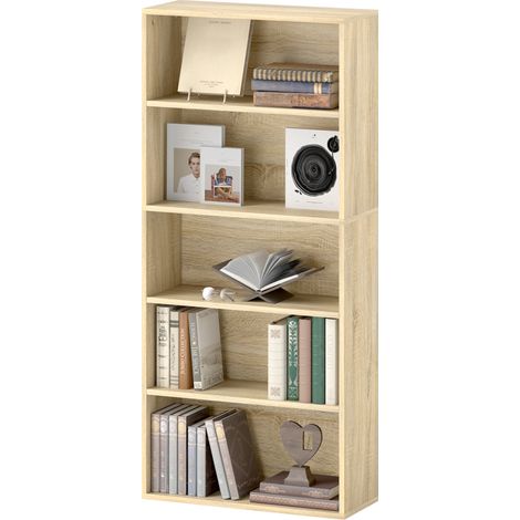 5-stöckiges Bücherregal mit verstellbaren Einlegeböden, Naturholzoptik, 60 x 24 x 133,5 cm, für Wohnzimmer, Schlafzimmer oder Büro