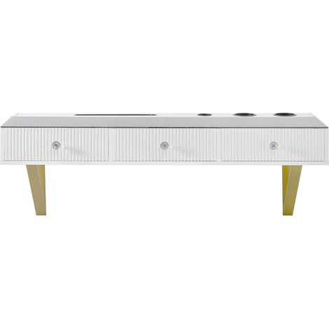 Schminktisch en blanc avec 3 tiroirs, plateau en verre, porte-tablette et porte-gobelet 120×40×45 cm (1/5)