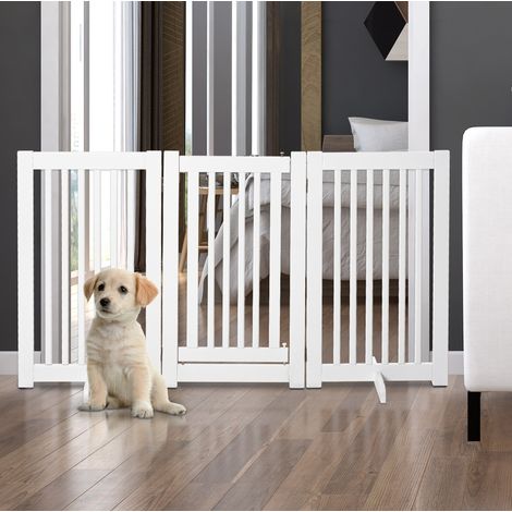 Barrera de seguridad para perro 155x35,5x76 cm de madera blanca, plegable, interior – MEUBLIV (1/5)