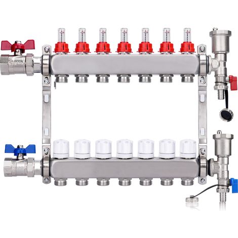 Kit Collecteur Radiateur, 7 Circuits Distributeur Chauffage, avec Vannes à Boisseau Sphérique 1", avec Purgeur Manuel et Débitmètre, Raccords pour Eurocône 3/4, Distributeur HKV