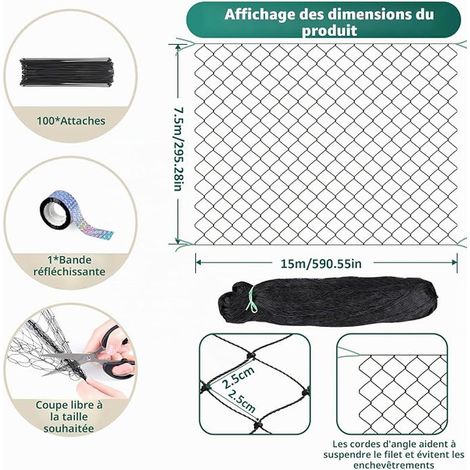 Filet Anti Oiseaux 7,5m x 15m Mailles de 25mm x 25mm, Filet Poules Voliere de Protection, Polyvalente Filet Anti Pigeon pour Volière, Poulailler, Potager et Arbres Fruitiers (1/2)