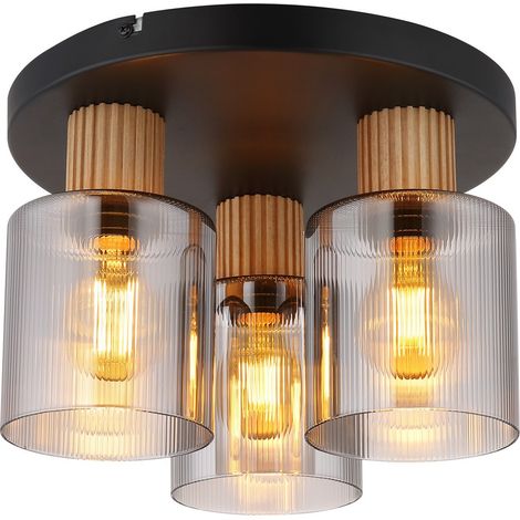 Lampada da soffitto per camera da letto effetto legno e vetro a 3 luci, D 30 cm (1/4)