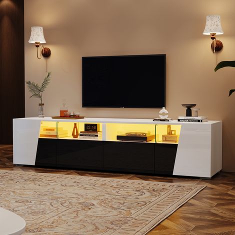 Meuble TV 180 cm avec LED, 2 tiroirs et 2 portes, blanc et noir, pour salon et chambre (1/5)